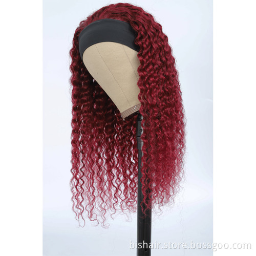 Wholesale Human Hair Headband 99j Burgundy Colored Curly Wave Wig For Women Human Hair 10A Brazilian Remy Hair Curly